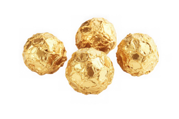 Delicious golden chocolate candy balls wrapped in foil sweet treats confectionery delight isolated on transparent background
