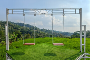 A double swing set on a platform of artificial turf overlooks a vibrant green rice field and lush,...