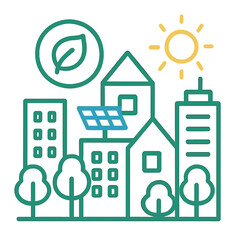 Urban landscape with solar panels and greenery under sun Eco City Skyline