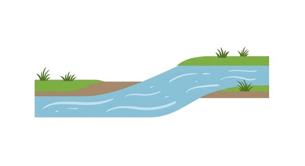 Flat vector illustration of a river cross-section, showing the water stream flowing between grassy earth banks. Simple nature landscape graphic.
