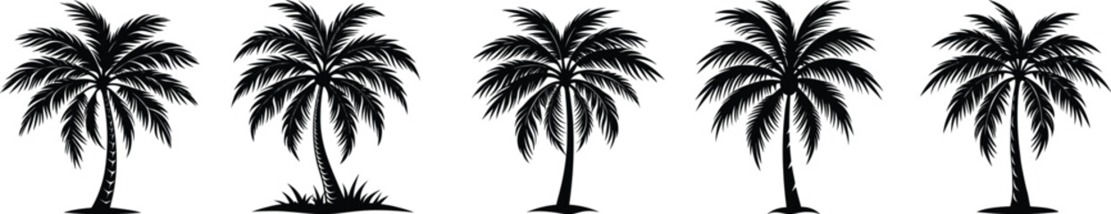 Obraz premium Vector silhouette of palm trees on a tropical beach at sunset, an exotic island travel illustration