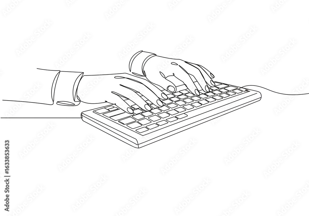 Poster a continuous line drawing of hands typing on a keyboard on a white background surface