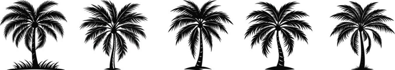 Black and white tropical island vector with palm tree silhouettes on a white background