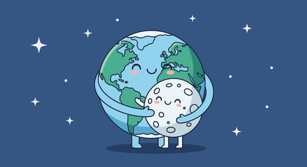 Naklejka premium Cartoon Earth Hugging Moon In Space With Stars Illustration Vector