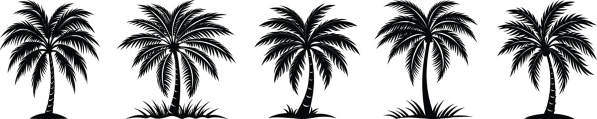 Obraz premium A vector illustration of a tropical beach sunset with a black palm tree silhouette and vibrant sky