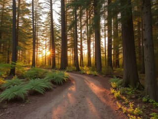 Dirt path through a dense forest with tall trees and sunlight streaming through the canopy