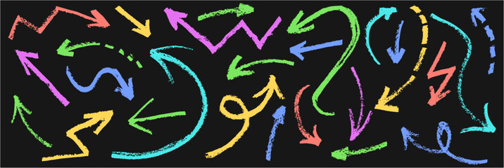Set of childlike arrows in chalk, marker, crayon and pastel. Perfect for kids, school, kindergarten projects colors include blue, green, coral, purple, and yellow. Vector grunge style collage elements