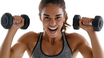 A woman joyfully lifting dumbbells, showcasing strength and determination.