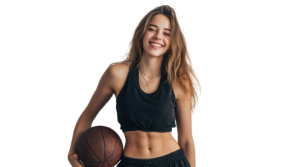 Cheerful young woman holding a basketball, embodying energy and athleticism.