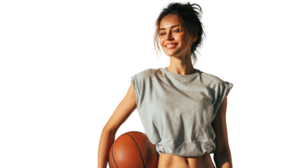 A dynamic young woman smiles confidently while holding a basketball.