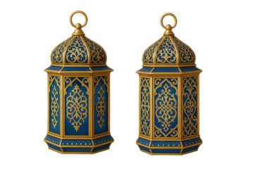 Exquisite Ornate Blue and Gold Lanterns with Intricate Arabesque Patterns, Evoking Luxury and Tradition