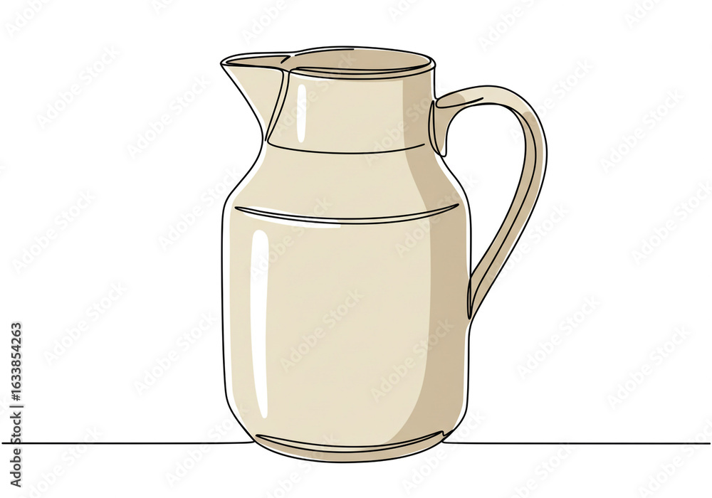 Poster single continuous line drawing of a ceramic pitcher with handle on a white background