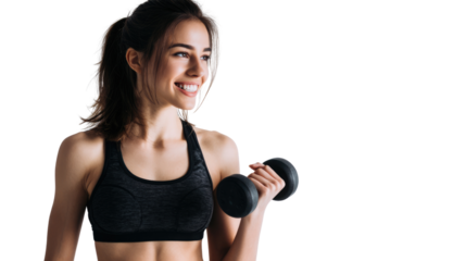 A fit woman lifts a dumbbell, embodying strength and determination in her workout.