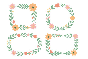 Hand drawn floral frame vector set. Pastel flower border, botanical wreath, square and oval floral decorations. Spring bouquet illustration for invitations, greeting cards, wedding, scrapbooking