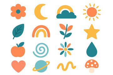 Modern cartoon vector icons set. Colorful abstract nature elements, celestial themes, whimsical shapes. Flowers, sun, moon, rainbow, leaf, fruit, star, heart, spiral, space, droplet, mushroom.