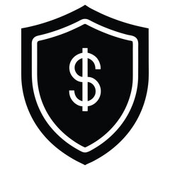 Black shield with white dollar sign and border on white background money finance