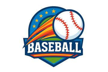Dynamic baseball emblem vector illustration with flying baseball, colorful swoosh, stars, badge shape, text “BASEBALL”, sports team logo concept, vibrant athletic branding design