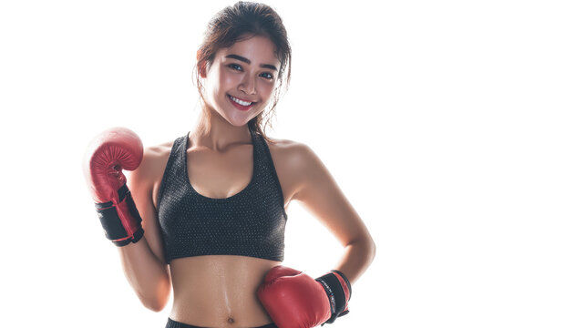 A young woman smiling in boxing gloves, showcasing strength and confidence in sports. - Powered by Adobe