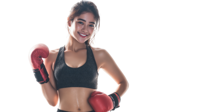 A young woman smiling in boxing gloves, showcasing strength and confidence in sports. - Powered by Adobe