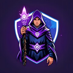 Gaming wizard mascot logo with glowing staff, dark cloak and mystical aura, purple and blue tones, transparent PNG esport logo
