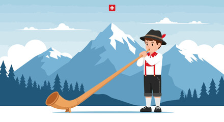 Obraz premium Boy Playing Alphorn Traditional Swiss Mountains Scene Cartoon Illustration