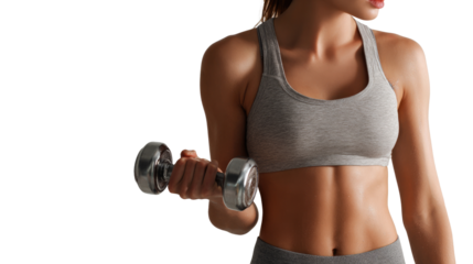 A fit woman lifts a dumbbell, showcasing her strength and dedication to fitness.