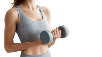 A woman holding a dumbbell, showcasing strength and fitness in workout attire.