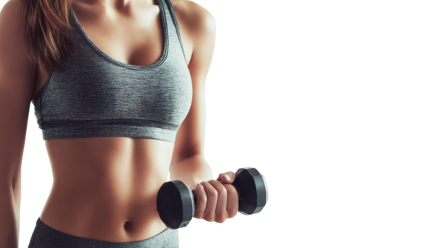 Athletic woman lifting dumbbell showcasing strength and fitness in workout attire.