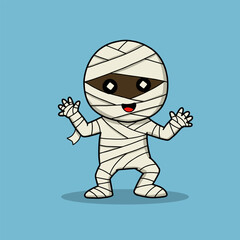 Cheerful cartoon mummy with big eyes and open mouth, wrapped in white bandages, arms raised in a playful pose, set against a light blue background.