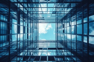 Modern Glass Office Building Looking Up at Blue Sky with Clouds