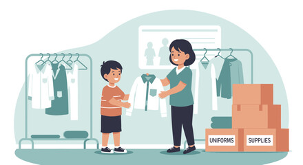 Back To School Uniform Shopping Illustration With Mother And Son