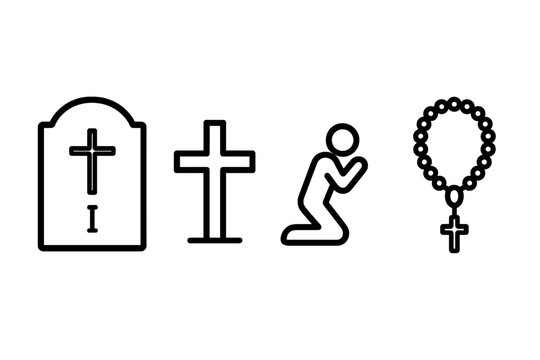 Stations of the Cross Outline Icon Set, Christian Symbol Collection with Cross, Grave Marker, Kneeling Prayer Figure, Rosary Beads, Catholic Religious Pilgrimage, Vector Illustration