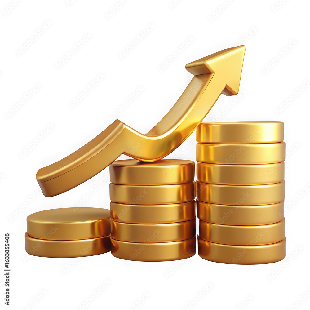 Poster 3d golden coins with upward arrow isolated on transparent background