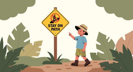 Boy Points To The Stay On Path Sign During His Jungle Adventure