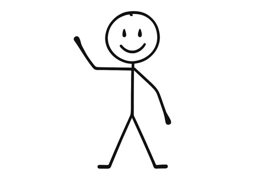 Hand drawn stick figure man waving greeting, simple black line doodle cartoon character, smiling happy face, minimalistic people sketch illustration, transparent background, isolated vector concept
