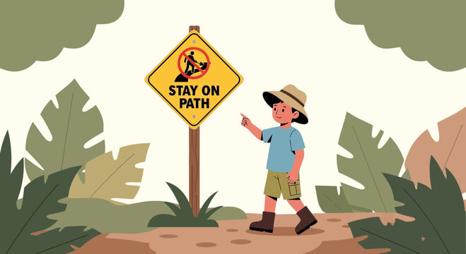 Boy Points To The Stay On Path Sign During His Jungle Adventure