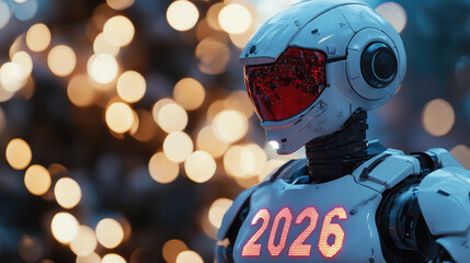 A futuristic robot with a glowing '2026' on its chest stands against a backdrop of colorful Christmas lights. The scene combines holiday spirit with cyberpunk aesthetics.