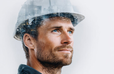 Double exposure of a construction worker and a digital illustration with a building in the background, close-up portrait photography.