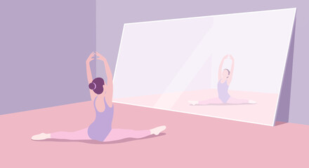 Ballet Dancer Training Splits Position In Dance Studio With Mirror Reflection
