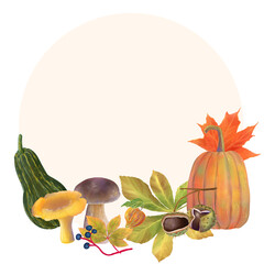 Pumpkins, mushrooms, wild grape, physalis fruit, chestnuts, leaves frame. Autumn season hand drawn bright clipart  with copy space.  Good for seasonal designs, harvest themes, Halloween, Thanksgiving.
