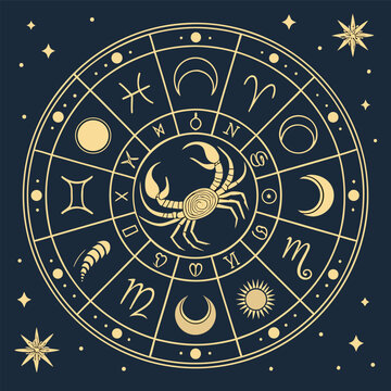 A celestial zodiac vector bundle zodiac signs, astrological symbols, star charts, moon phases and birthstones. Elegant lines with gold foil effects and midnight blue backgrounds