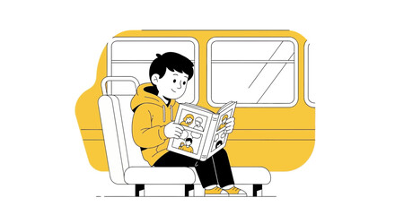 Boy Reading Comic Book On The Public Transportation During His Daily Commute