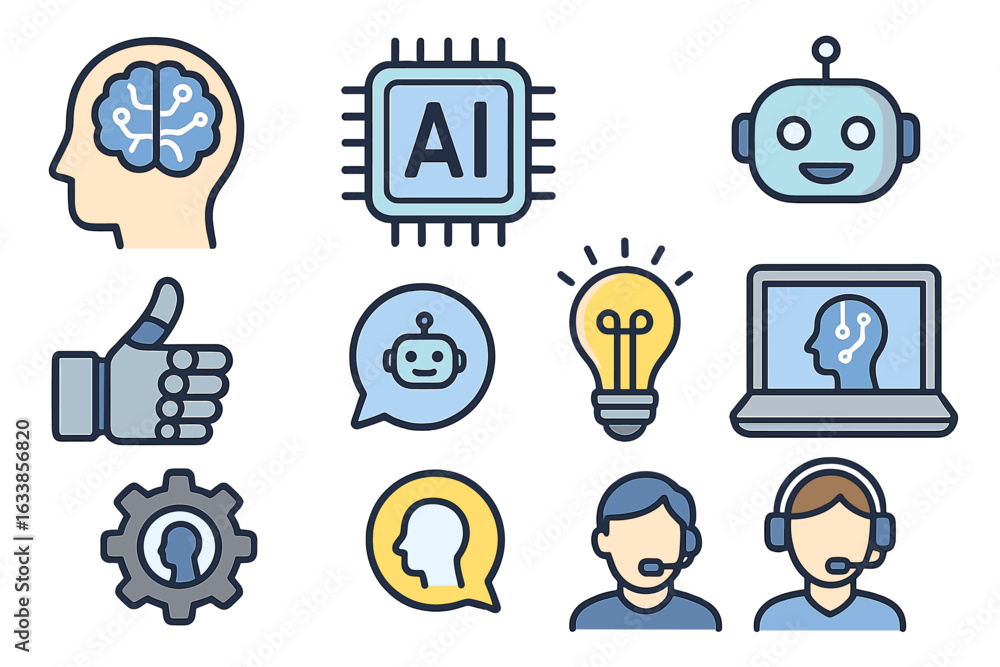 Aufkleber artificial intelligence and machine learning concept icons set. robotics, ai brain, computer innovat