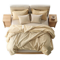 Obraz premium 3d bed with beige linens top view isolated on transparent background