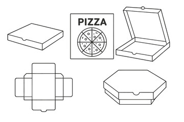 Pizza box packaging template set. Vector illustration of opened, closed, and flat die-cut pizza box designs. Cardboard food delivery container mockups, pizzeria branding, takeaway packaging layouts.