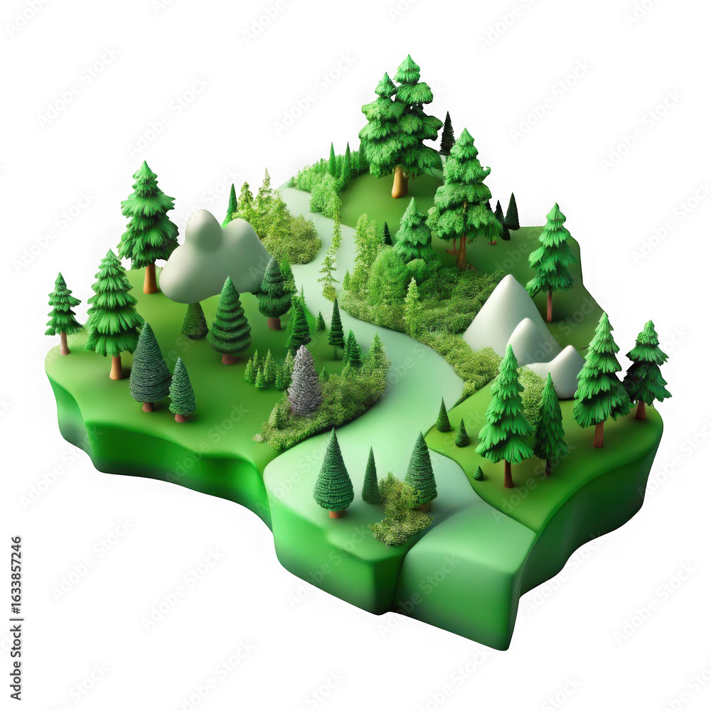 Poster 3d low poly landscape with river and trees isolated on transparent background