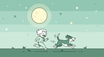 Boy And His Dog Running Happily Under The Moonlight Cartoon Illustration