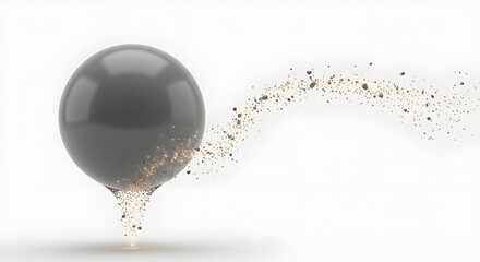 Gray sphere with particles trailing behind on a clean white background scene