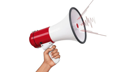 Fototapeta premium Hand holding a red and white megaphone isolated on transparent background