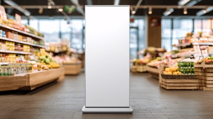 Blank vertical stand billboard mockup located in a grocery store or supermarket environment.